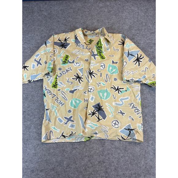 VINTAGE Benetton Camp Shirt Mens Large Yellow Graphic Short Sleeve Aloha Beach - Picture 1 of 6